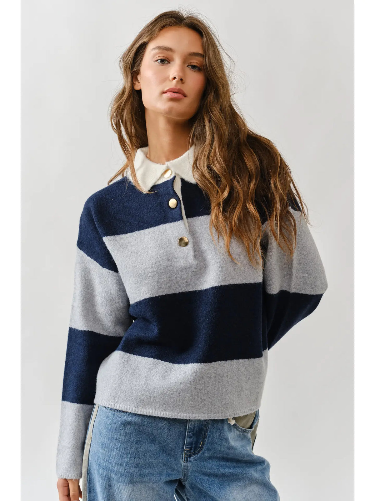 Aaron&Amber Striped Polo Neck Sweater Navy/Grey