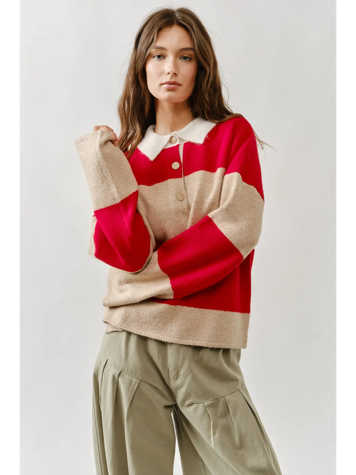 Aaron&Amber Striped Polo Neck Sweater Taupe/Red