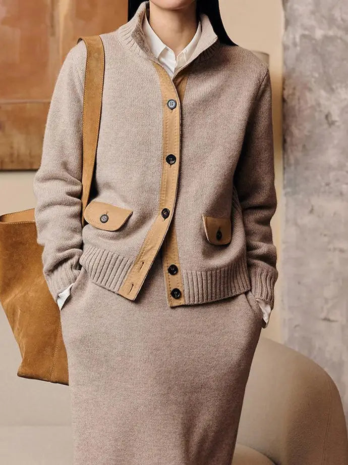 Modenaire Cashmere Suede Patchwork High Neck Button Jacket Cardigan
