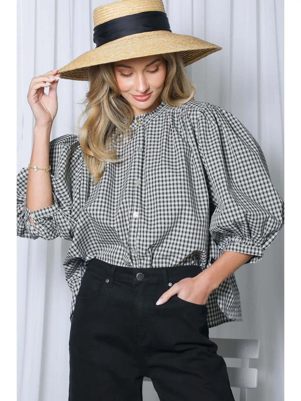 Vine & Love Charming Gingham 100%Cotton Modern Check Blouse Black