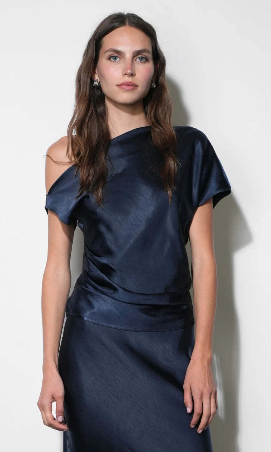 Greylin Nellie Asymmetric Satin Draped Off Shoulder Top
