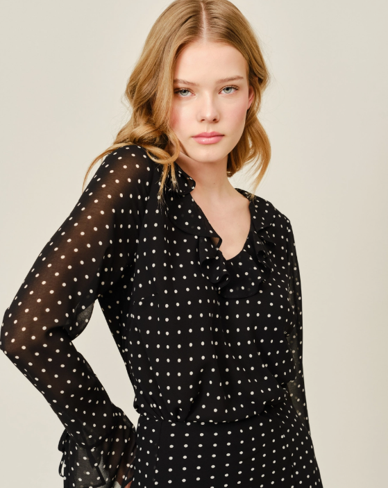 Aaron & Amber-Polka Dot Ruffle Blouse-Black