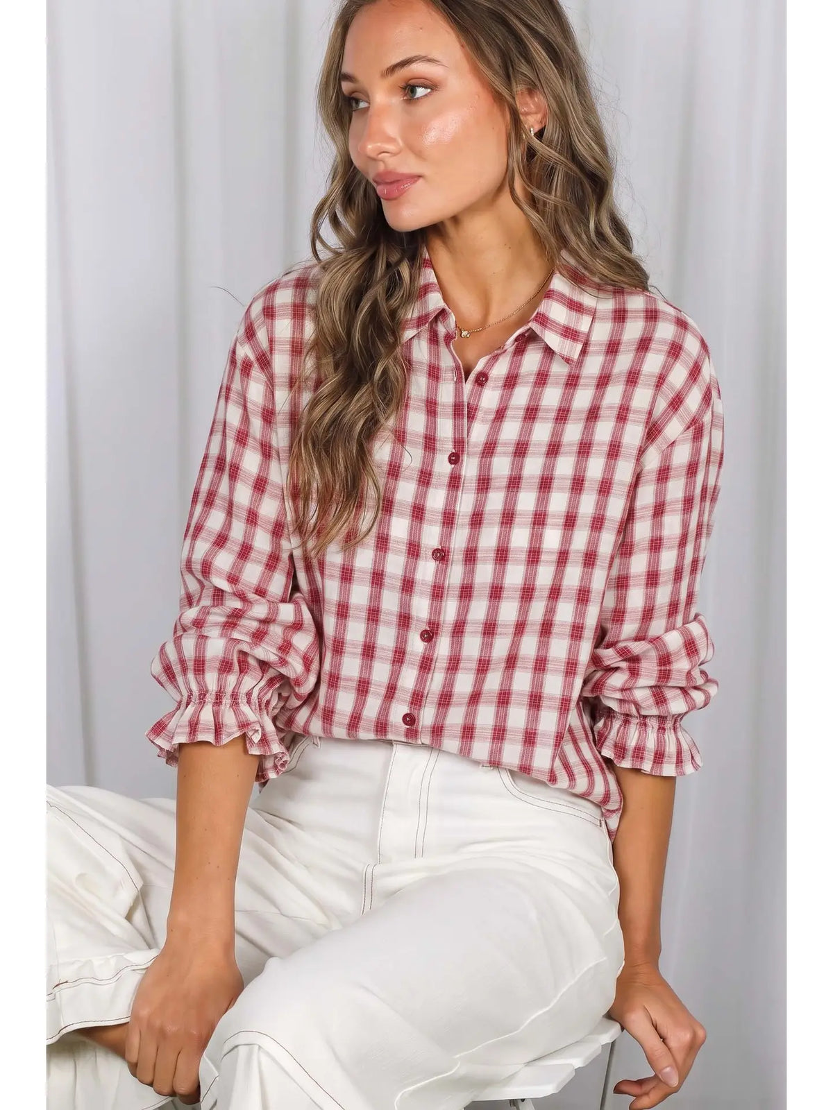 Vine & Love Ruffle Cuffs Accent Charming Plaid Shirt Burgundy