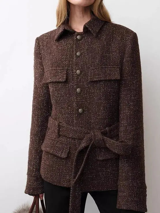 Modenaire Belted Tweed Multi Pocket Cinch Waist Shirt Jacket