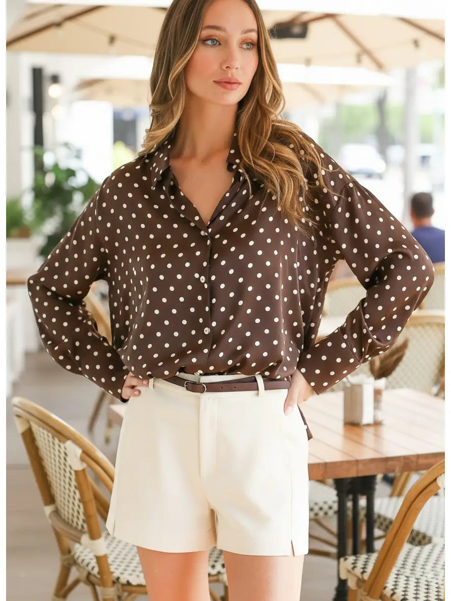 Vine & Love Polka Dot Collared Long-Sleeve Satin Blouse