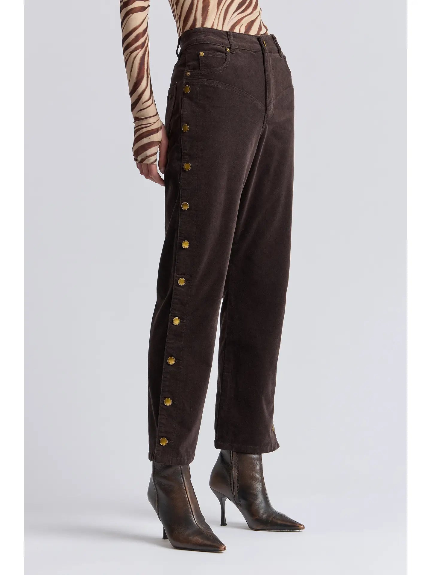Avec Les Filles Button Trimmed Straight Leg Corduroy Pants Dark Roast