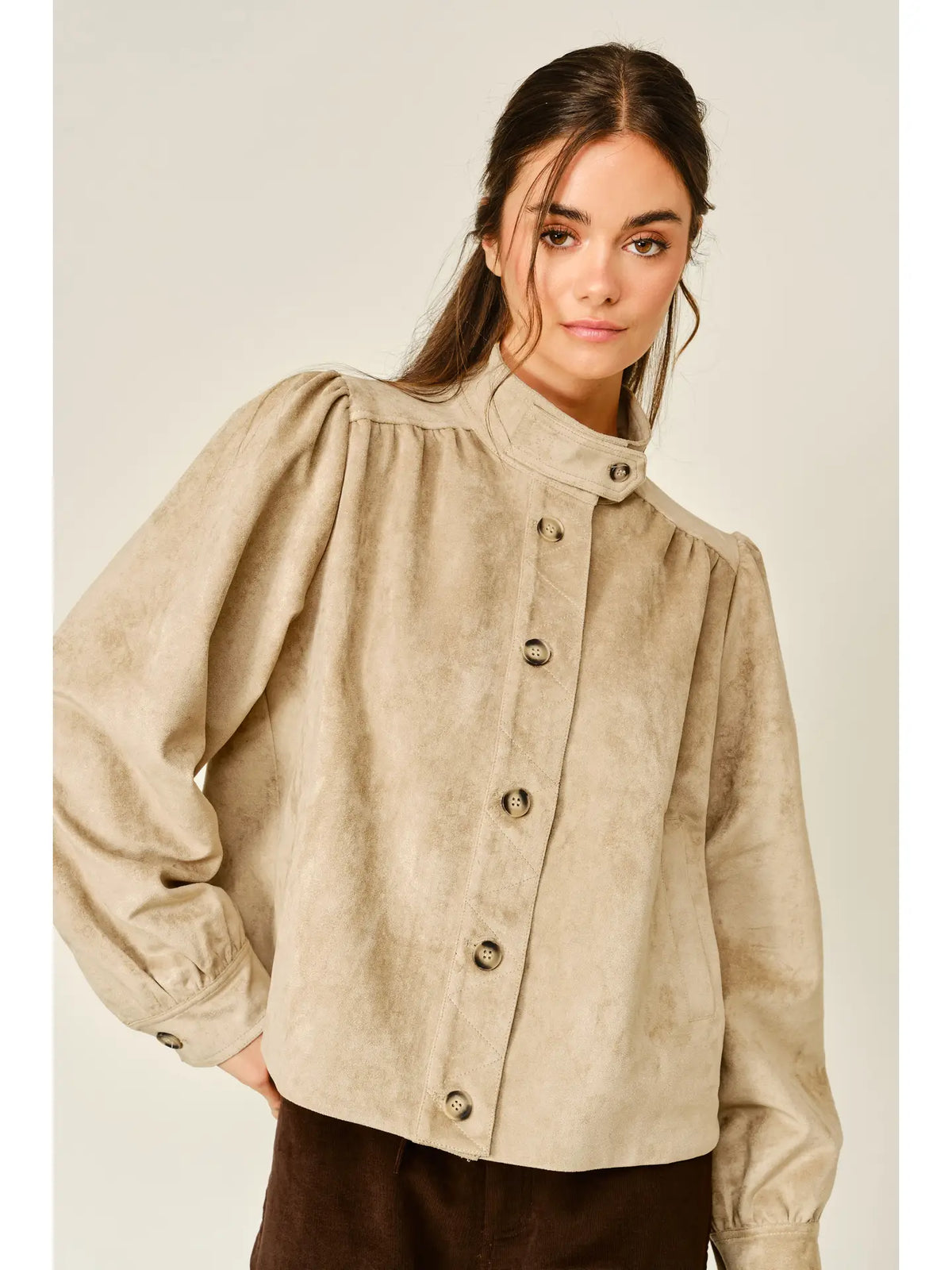 Aaron&Amber Stretch Suede Turtleneck Shirt Jacket Tan