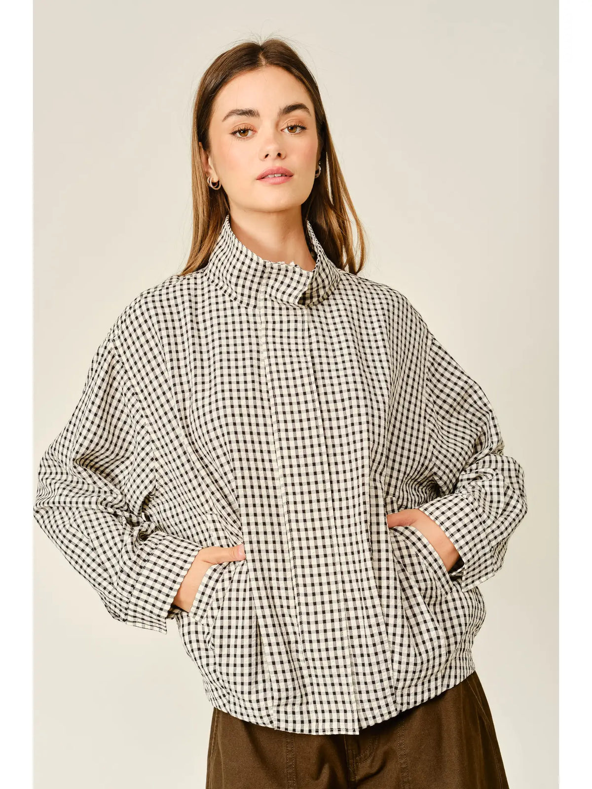 Aaron&Amber Plaid Funnel Neck Bomber Jacket Ecru/Black