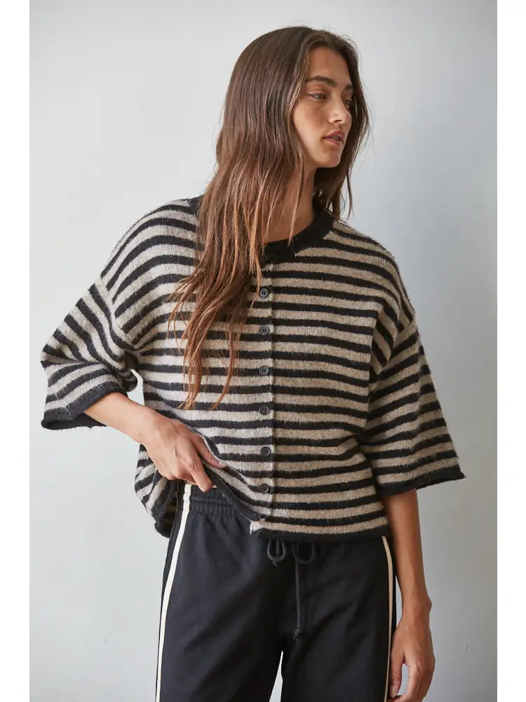 By Together - Knit Sweater Striped Quarter Sleeve Cardigan - Black Taupe