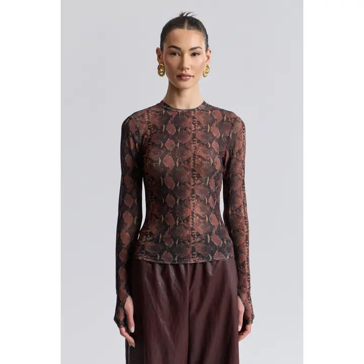 Avec Les Filles Stretch Printed Mesh Long Sleeve Thumbhole Top- Brown/Black Python
