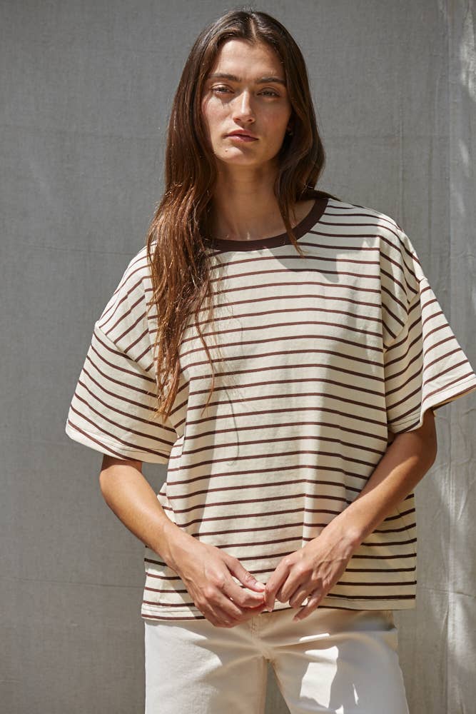 By Together Knit Cotton Striped Short Sleeve Crew Neck Top: Natural