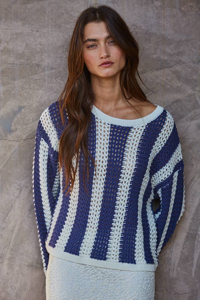 By Together Knit Sweater Cotton Acrylic Crochet Striped Top