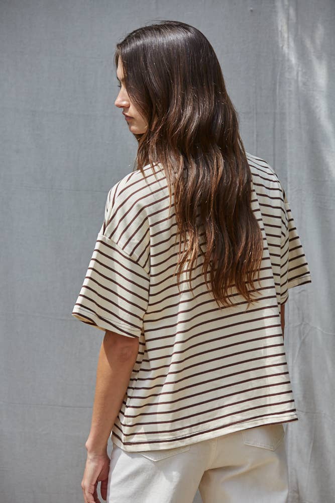 By Together Knit Cotton Striped Short Sleeve Crew Neck Top: Natural