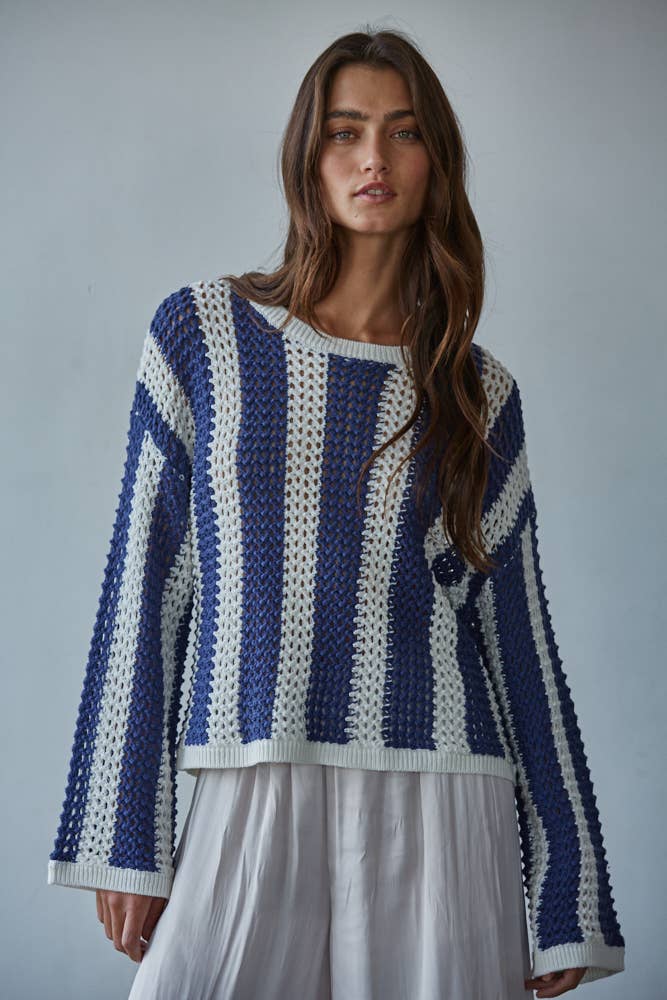 By Together Knit Sweater Cotton Acrylic Crochet Striped Top