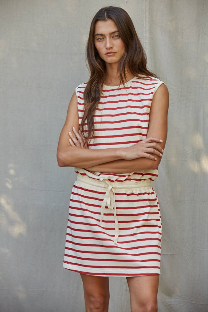 By Together Knit Cotton Striped Round Neck Sleeveless Mini : Cream, Red