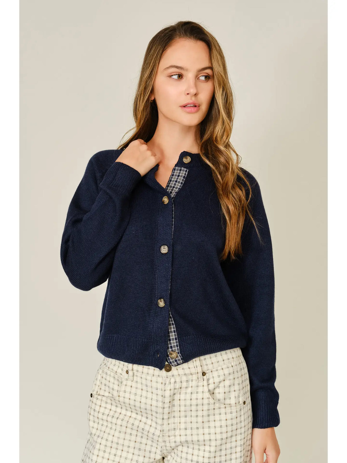 Aaron&Amber Wool Blended Plaid Placket Detail Sweater Cardigan Navy