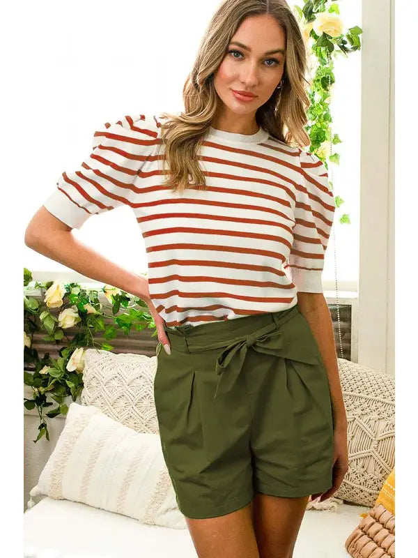 Vine & Love Striped Crew Neck Short Puff Sleeve Knitted Sweater