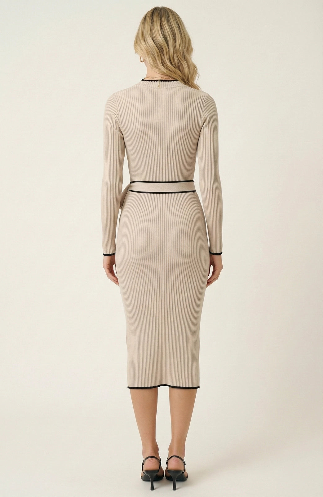 Modenaire Ribbed Knit Midi Dress with Contrast Trim