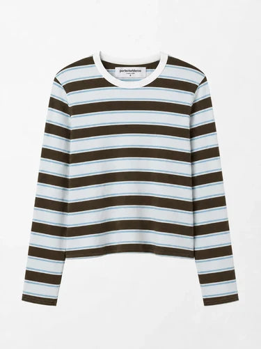 perfectwhitetee Veya Rugby Stripe Long Sleeve Crew Shirt- Dark Olive Stripe