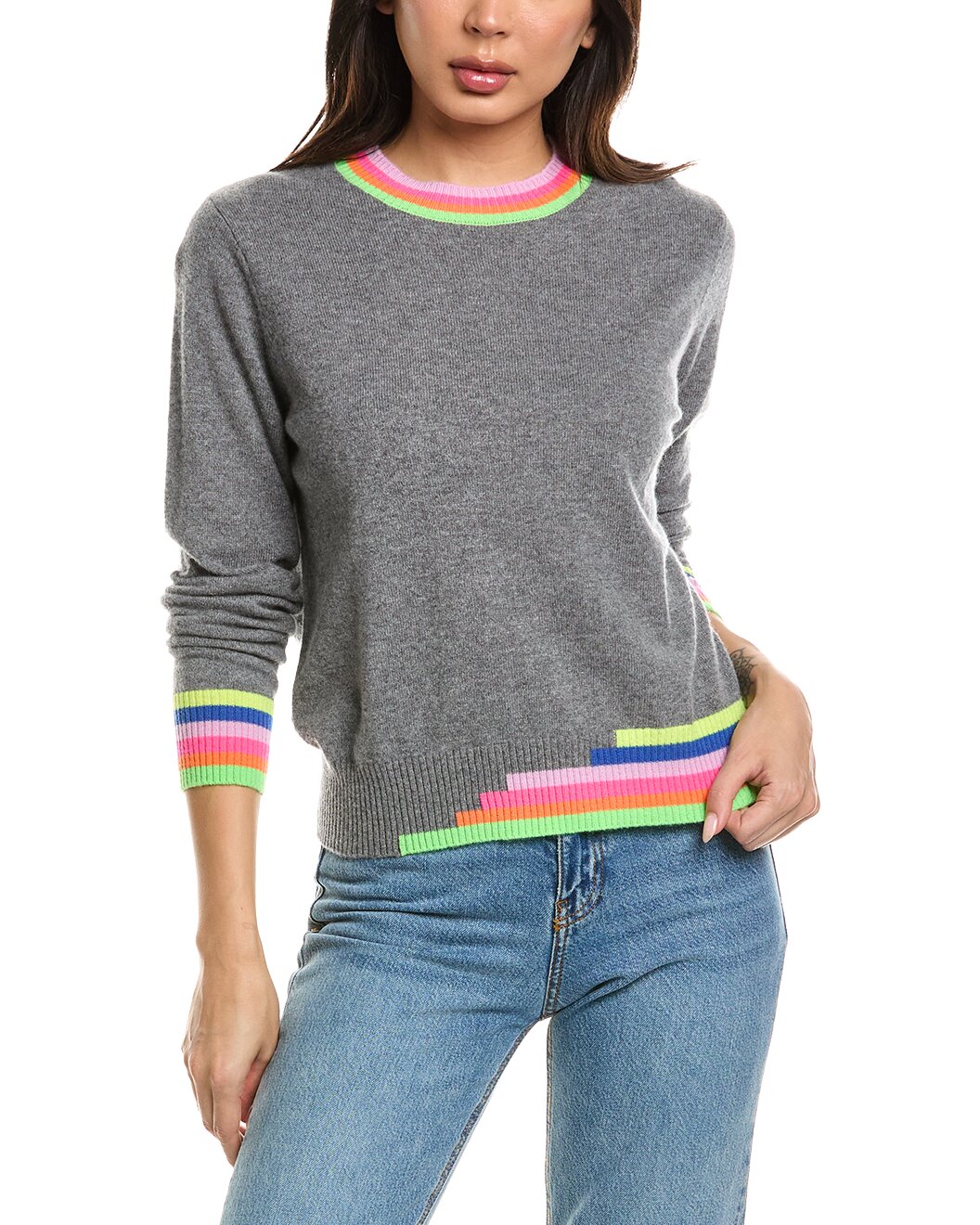Brodie Multi Coloured Trim Crew- Mid Grey/Neon