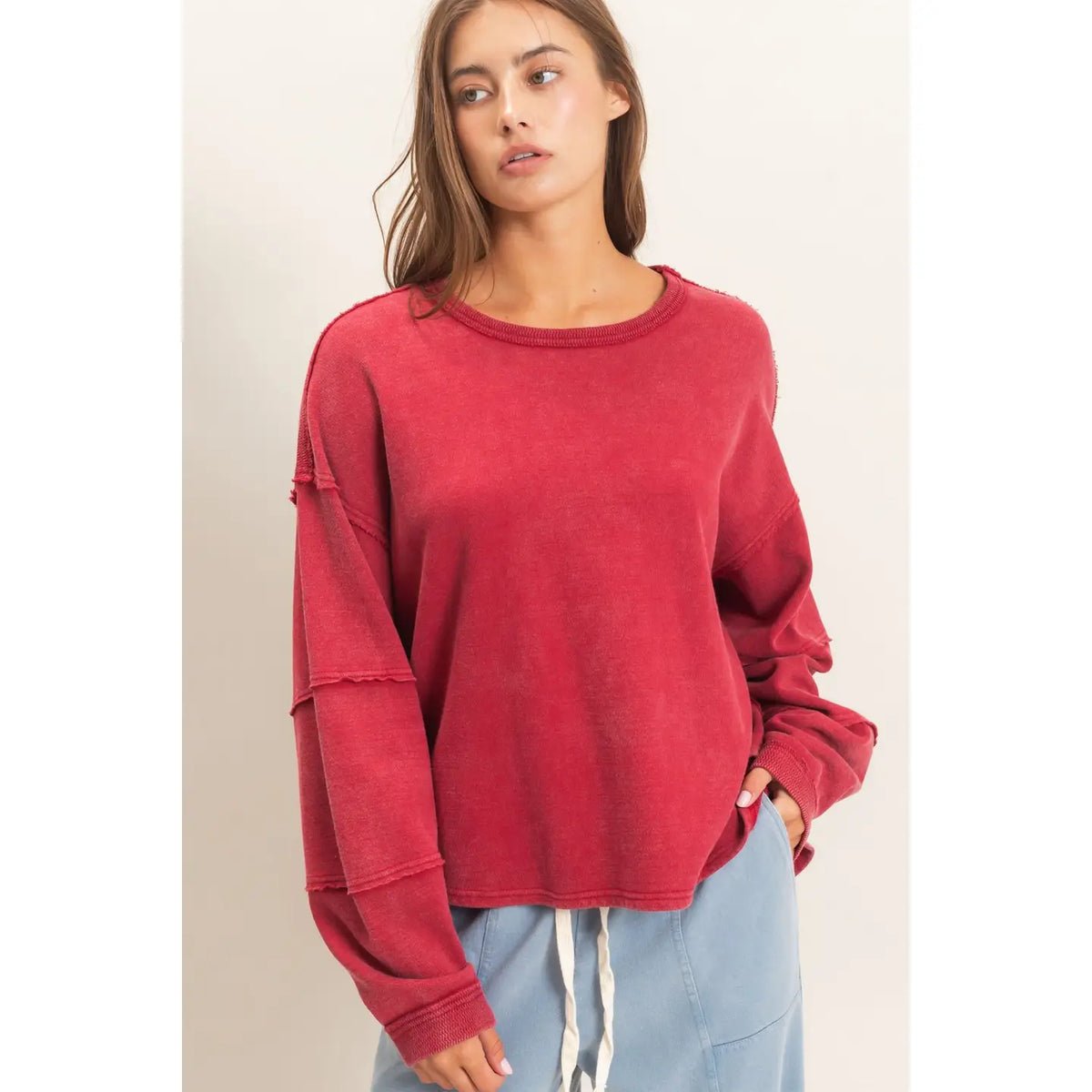 HYFVE Mineral Wash Oversized Raw Edge Crew Neck Top