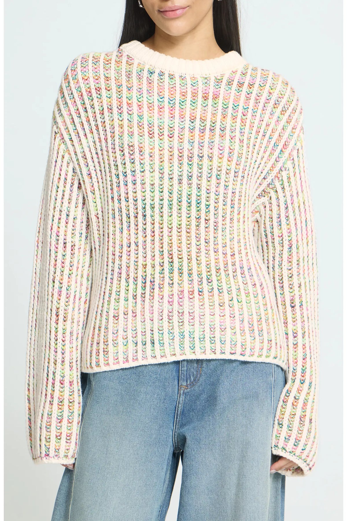 ICHI Ihanila Rib Crewneck Sweater Cloud Dancer Multi
