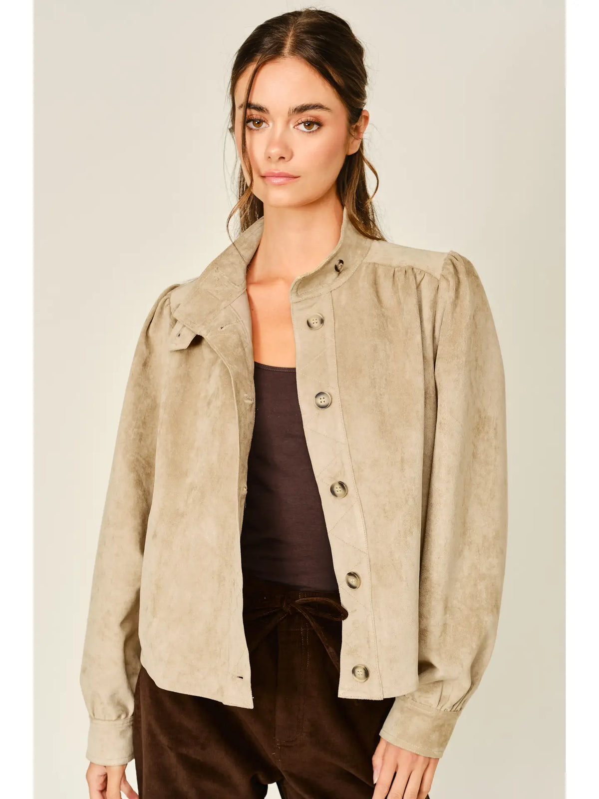 Aaron&Amber Stretch Suede Turtleneck Shirt Jacket Tan