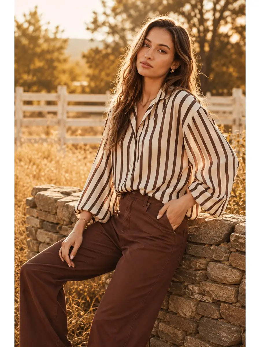Vine & Love Bubble Sleeve Classic Striped Blouse