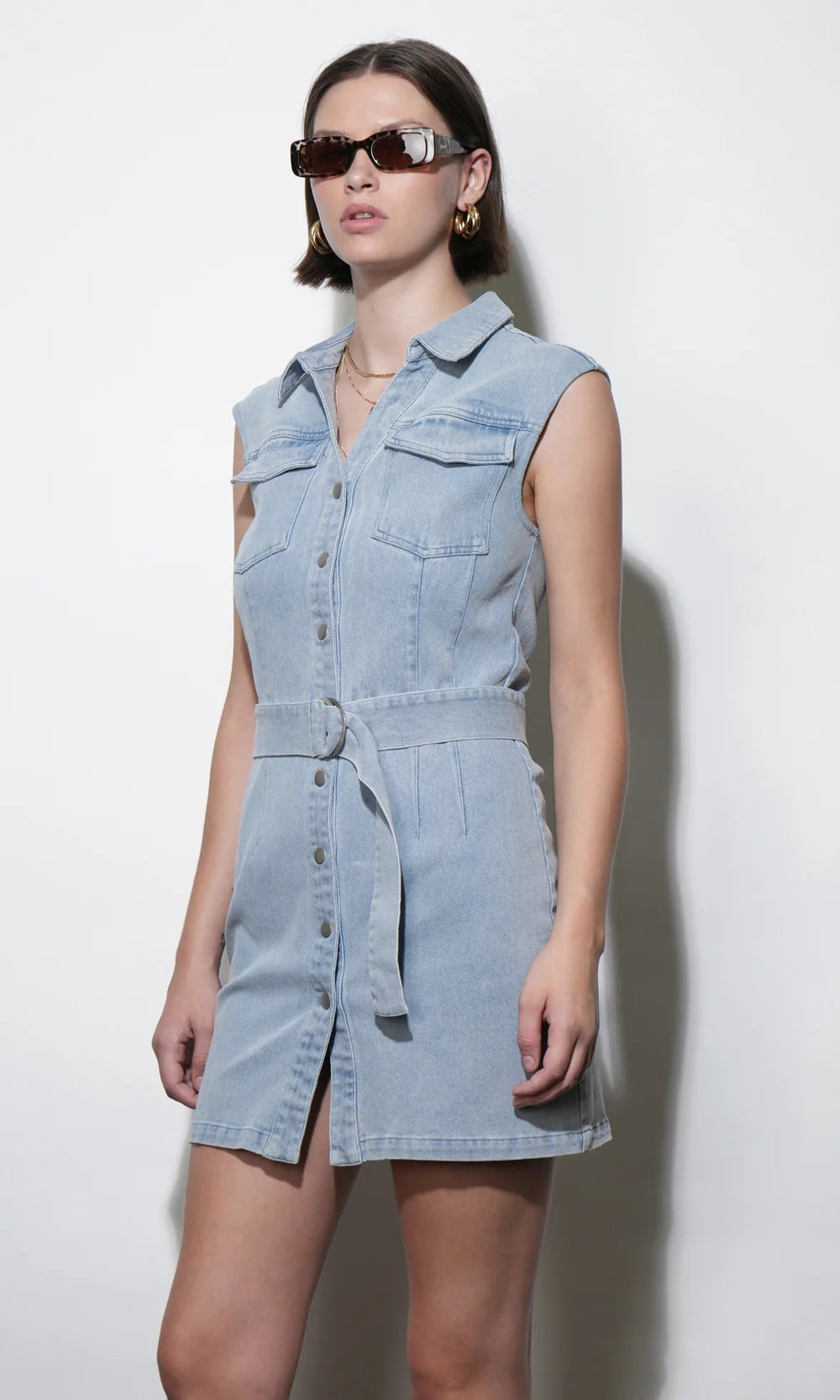 Greylin Madison Sleeveless Denim Mini Belted Dress