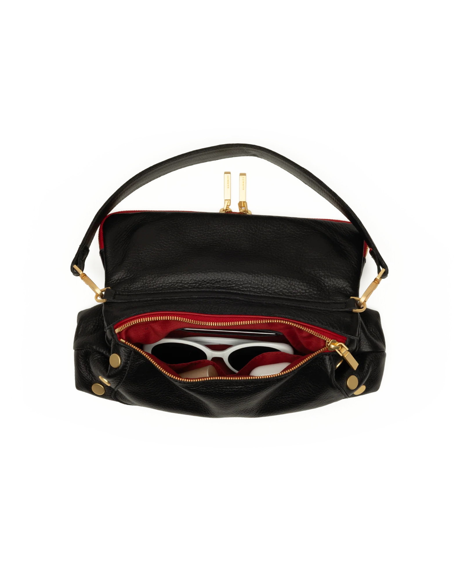 Beverly Medium Black Brushed Gold, Red Zip Handbag