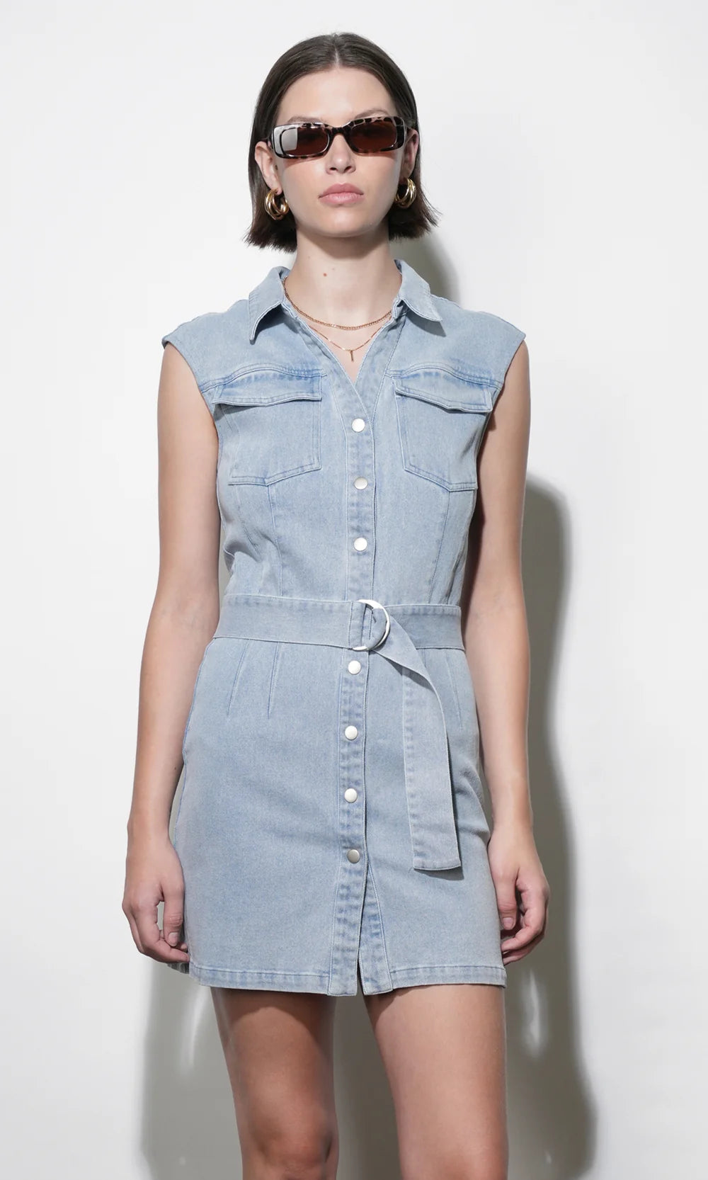 Greylin Madison Sleeveless Denim Mini Belted Dress