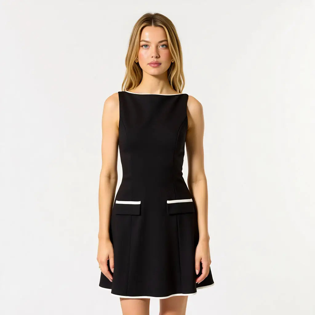 Modernaire - Contrast Trim Mini Sleek Dress - Black