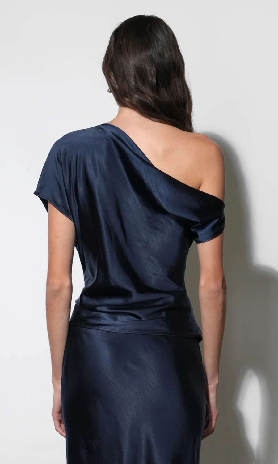 Greylin Nellie Asymmetric Satin Draped Off Shoulder Top