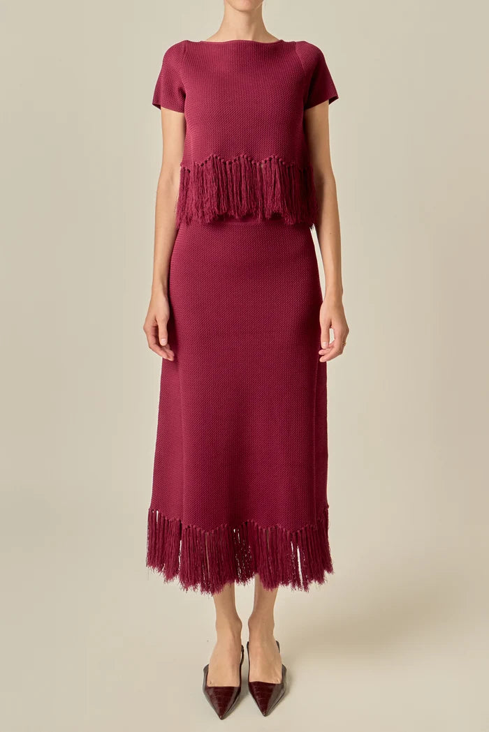 English Factory Fringe Hem Knit Top- Burgundy