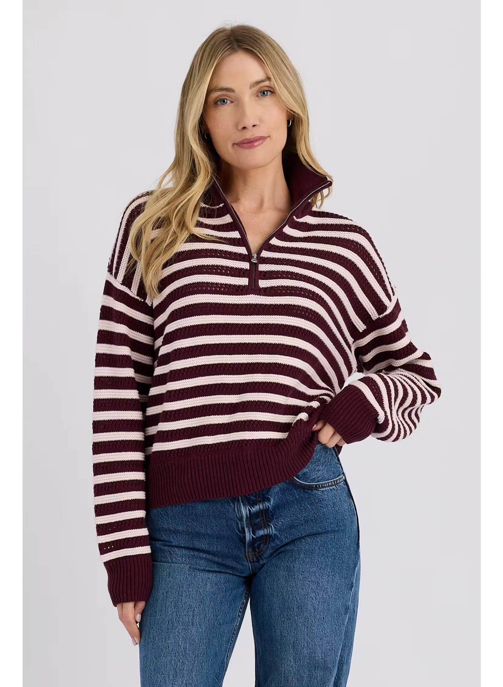 Stitches + Stripes- Everly Half Zip- Port Combo