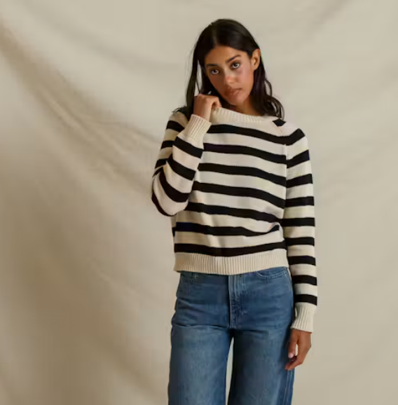 Perfect White Tee- Evie Cotton Raglan Crew Sweater- Oatmeal / Black Stripe