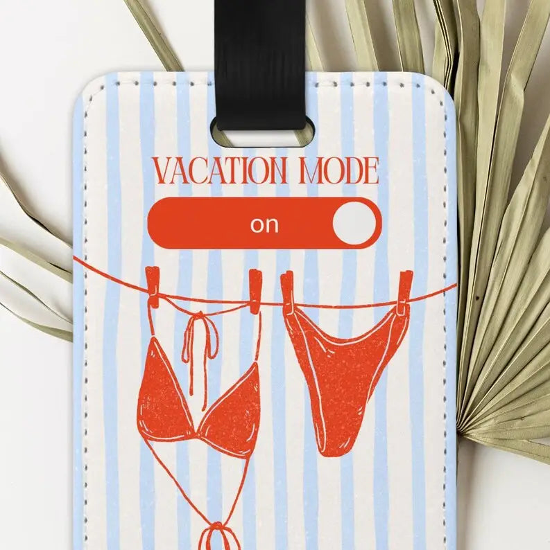 Joey Prints Vacation Mode On Bikini Blue Stripe Luggage Tag