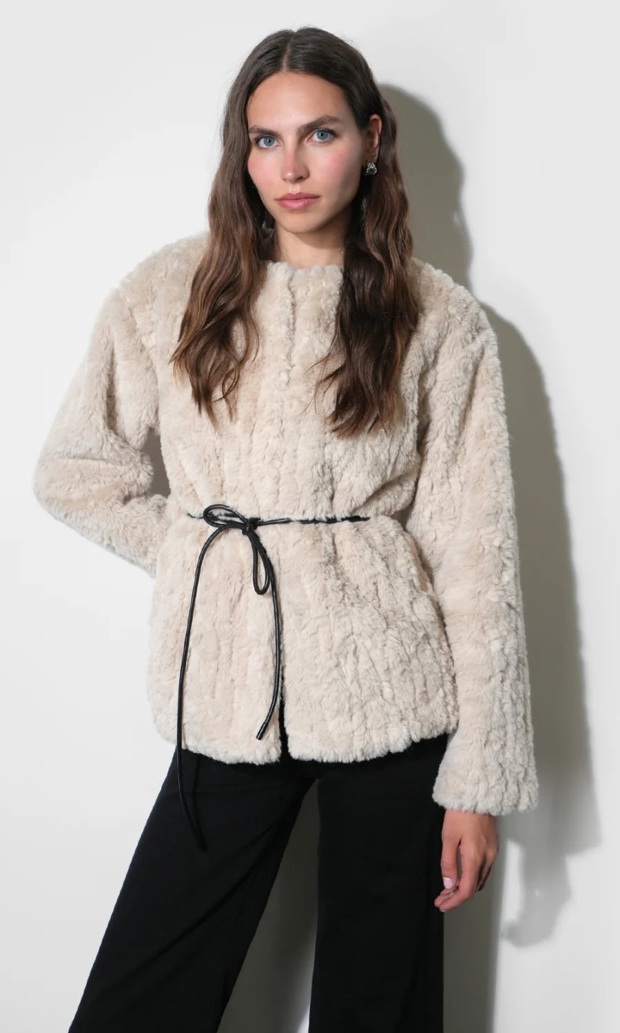 Greylin Yuri Collarless Faux Fur Jacket w/ Tie Belt