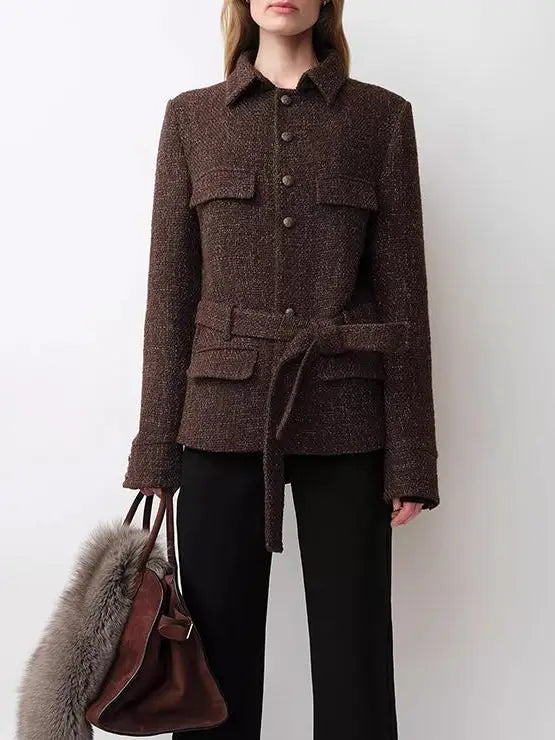 Modenaire Belted Tweed Multi Pocket Cinch Waist Shirt Jacket