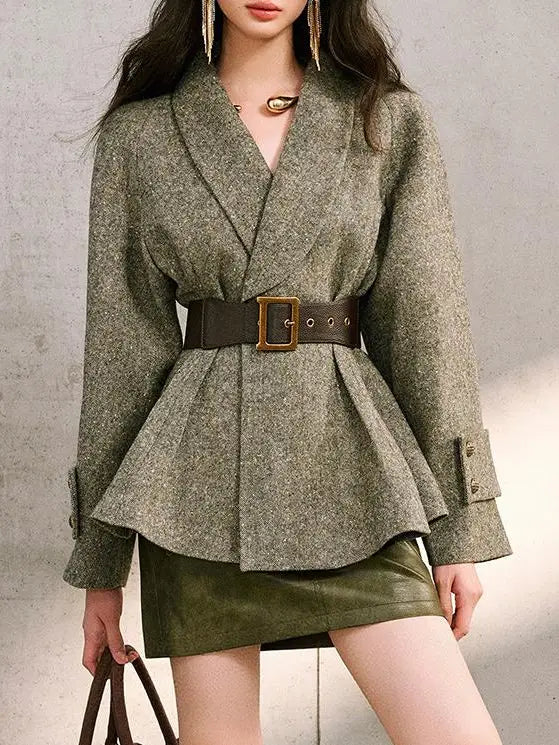 Modernaire Belted Shawl Collar Tweed Peplum Jacket