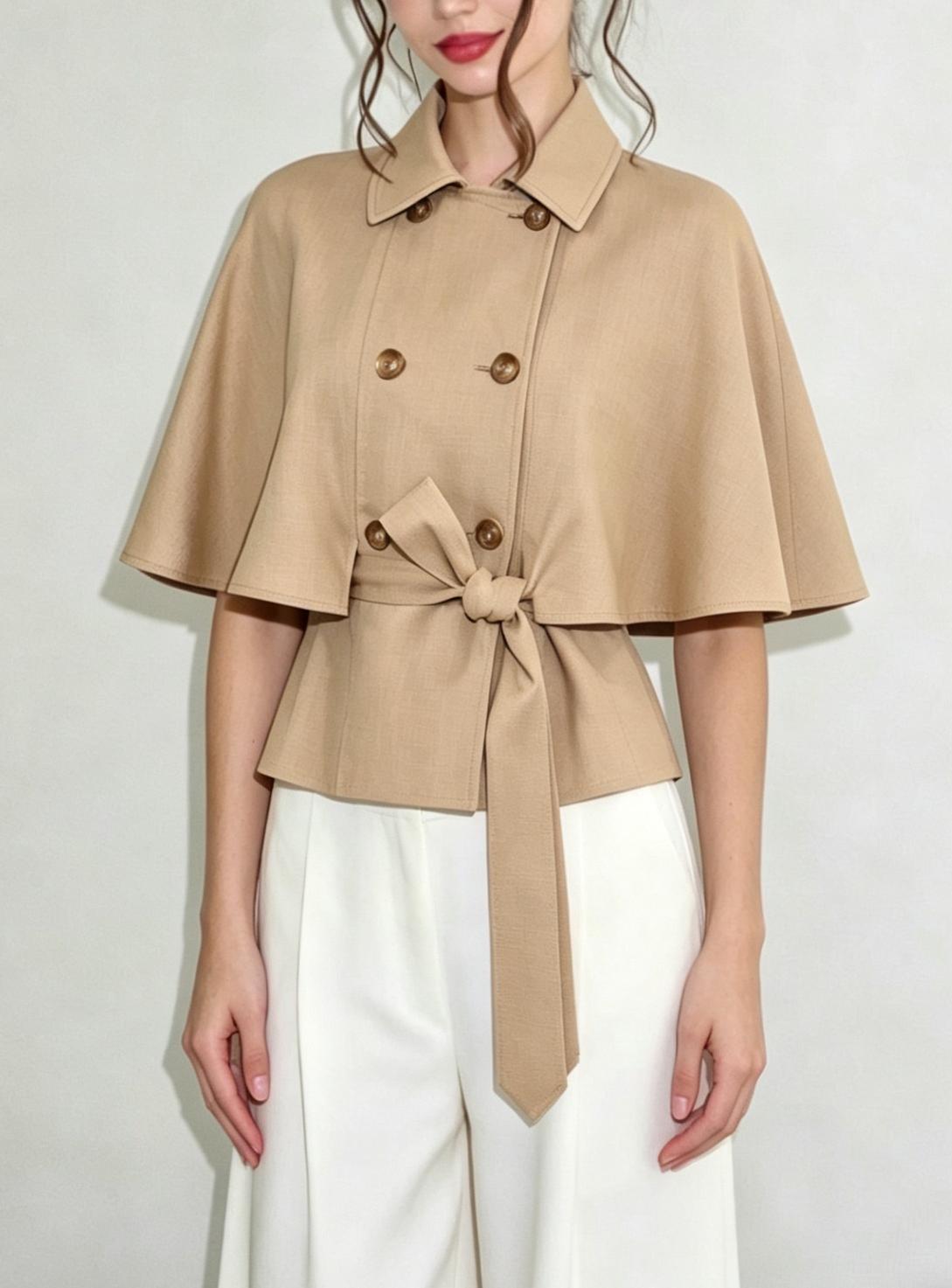Modenaire Double-Breasted Cape Tie-Waist Blouse