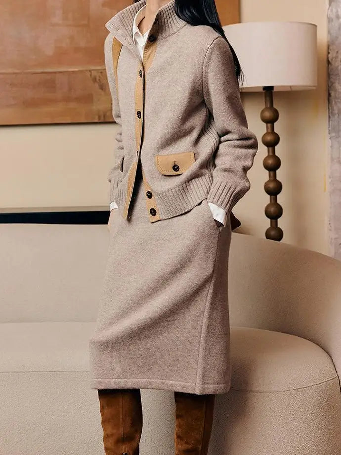 Modenaire Cashmere Suede Patchwork High Neck Button Jacket Cardigan