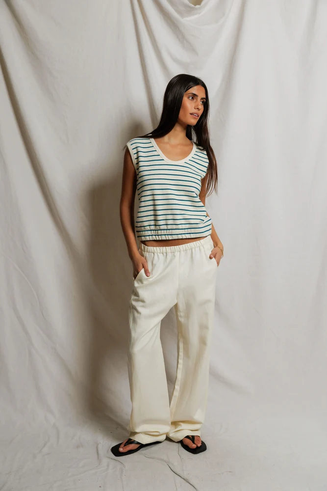 perfectwhitetee French Terry Scoop Crop Tank Teal / Navy Stripe