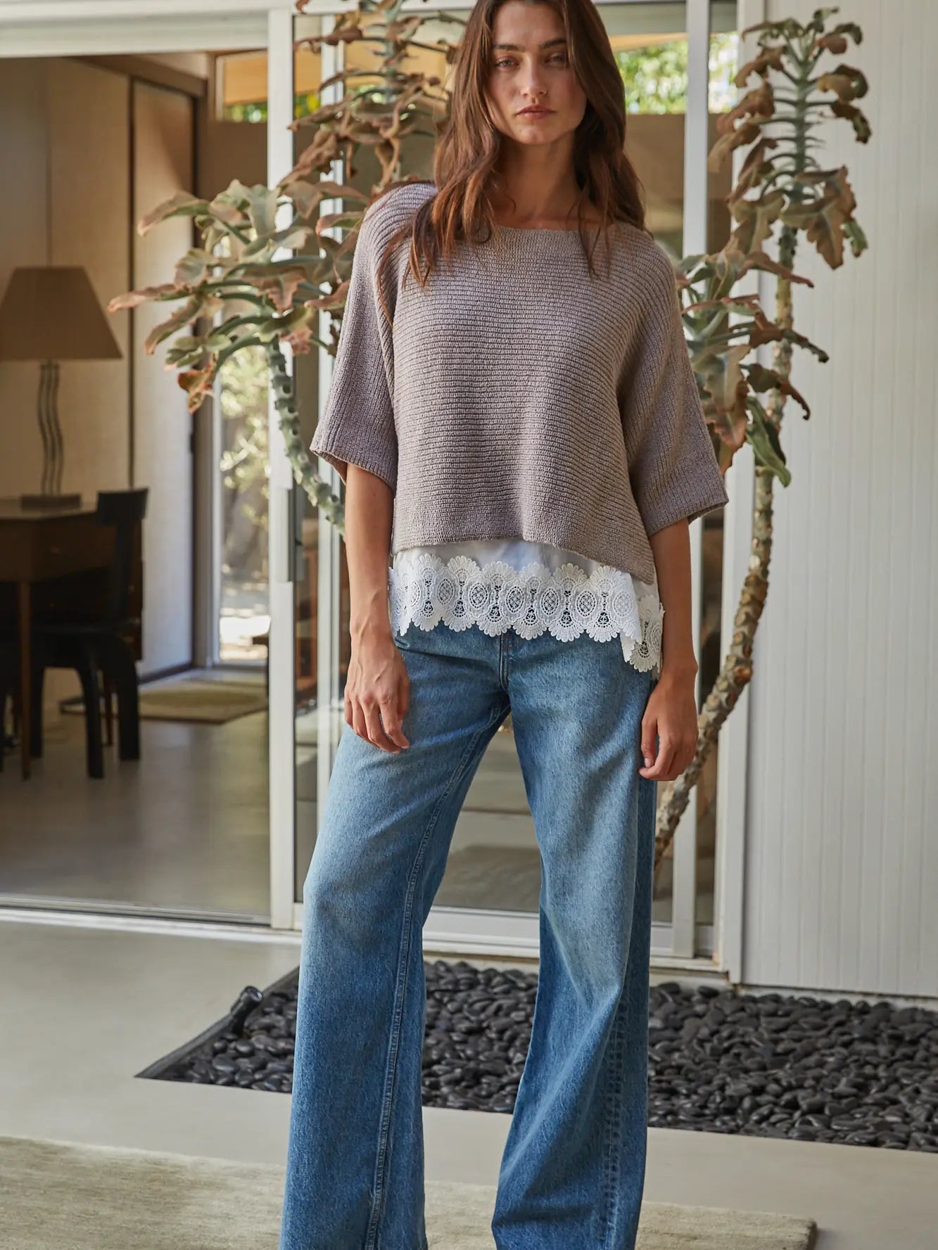 By Together - Knit Sweater Short Sleeve Pullover Twofer Top - Mocha White