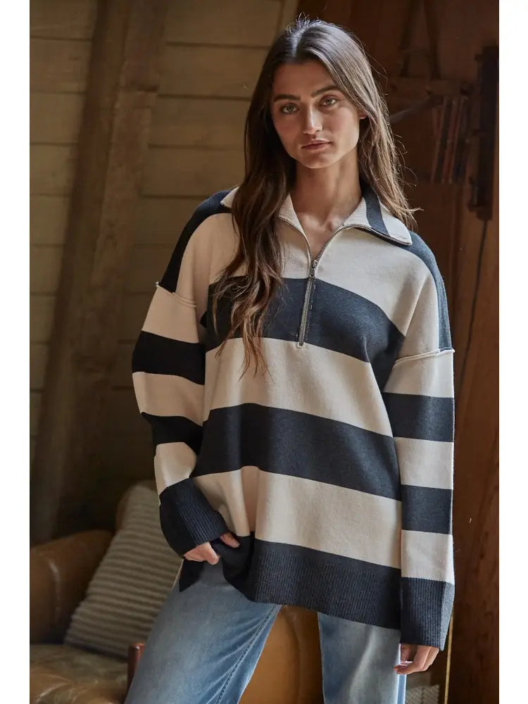 By Together - Knit Striped Turtleneck Half Zip Up Top - Charcoal Cream