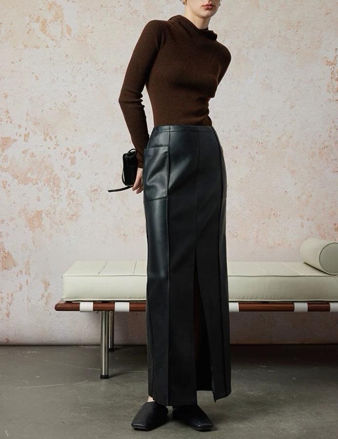 Modenaire High-Waisted Faux Leather Maxi Skirt with Slit