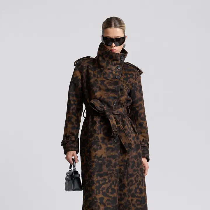 Avec Les Filles Leopard Faux Wool Utility Trench Coat - Java Leopard