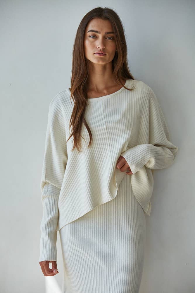 By Together - Small Knit Sweater Ribbed Round Neck Long Sleeve Top