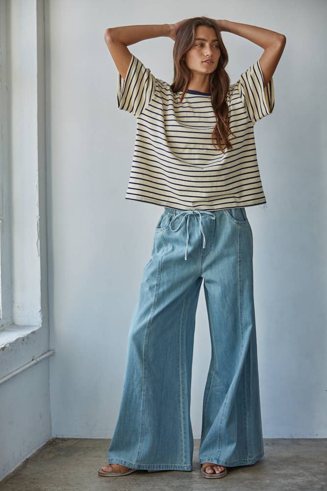 By Together Knit Cotton Striped Short Sleeve Crew Neck Top: Natural