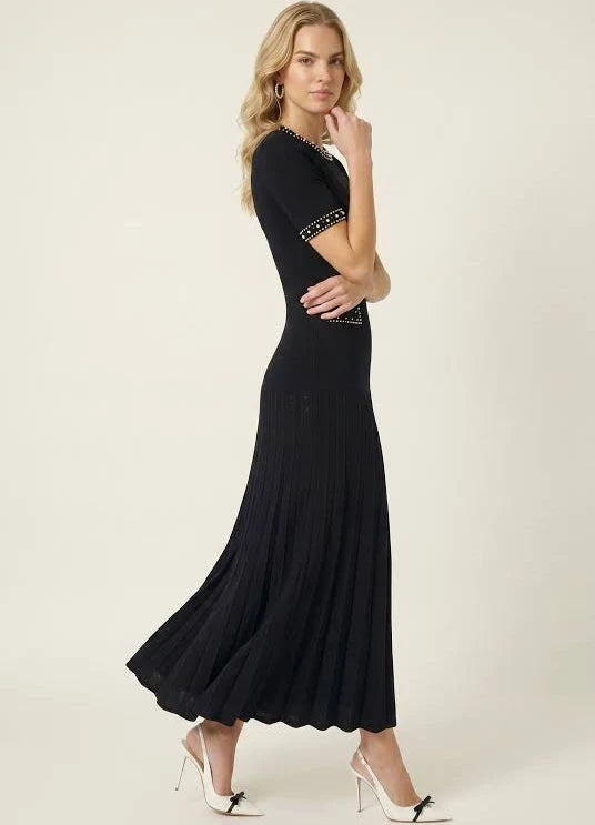 Modenaire Pearl-Embellished Knit Dress with Fitted Waist and Pleated Midi Skirt